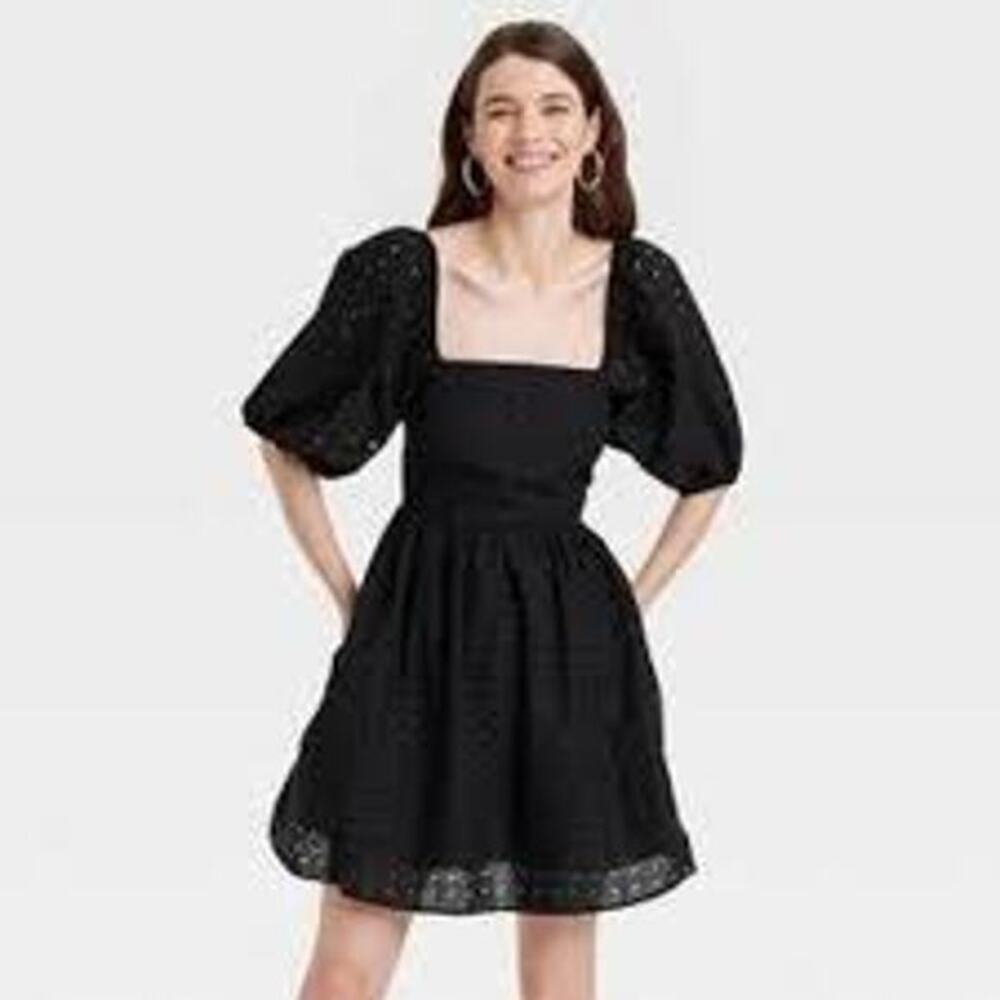 A NEW DAY Black Eyelet Open Back‎ Puff Sleeve Mini Dress Size 3X - NWT